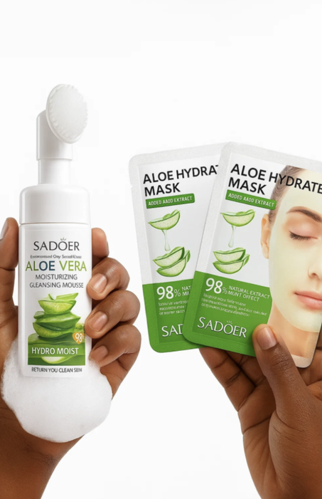 جربي جل الألوڤيرا الطبيعي مع 5 ماسكات ورقية، لبشرة ناعمة ومرتاحة.