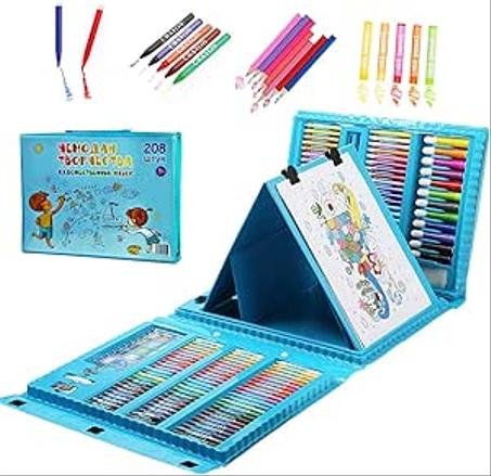 مجموعة لوازم الرسم للاطفال أزرق – 208 قطعة