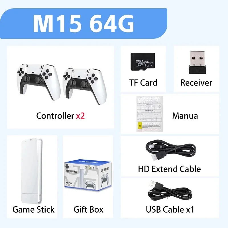 M15 Retro Video Game Console 4K HD Game Stick | 🎮 وحدة ألعاب لاسلكية مع ذراعين تحكم ودعم 20000 لعبة