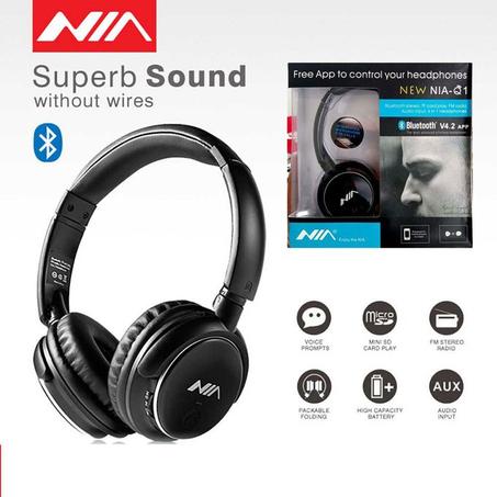 Nia Casque Bluetooth Sans Fil Q1 avec Micro, Lecteur SD, Radio FM, Entree Aux