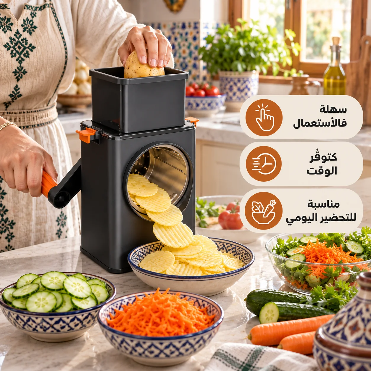 قطاعة الخضروات 3 في 1 – تقطيع سريع وسهل         حضّري الخضر فثواني وبلا تعب التقطيع بالسكين