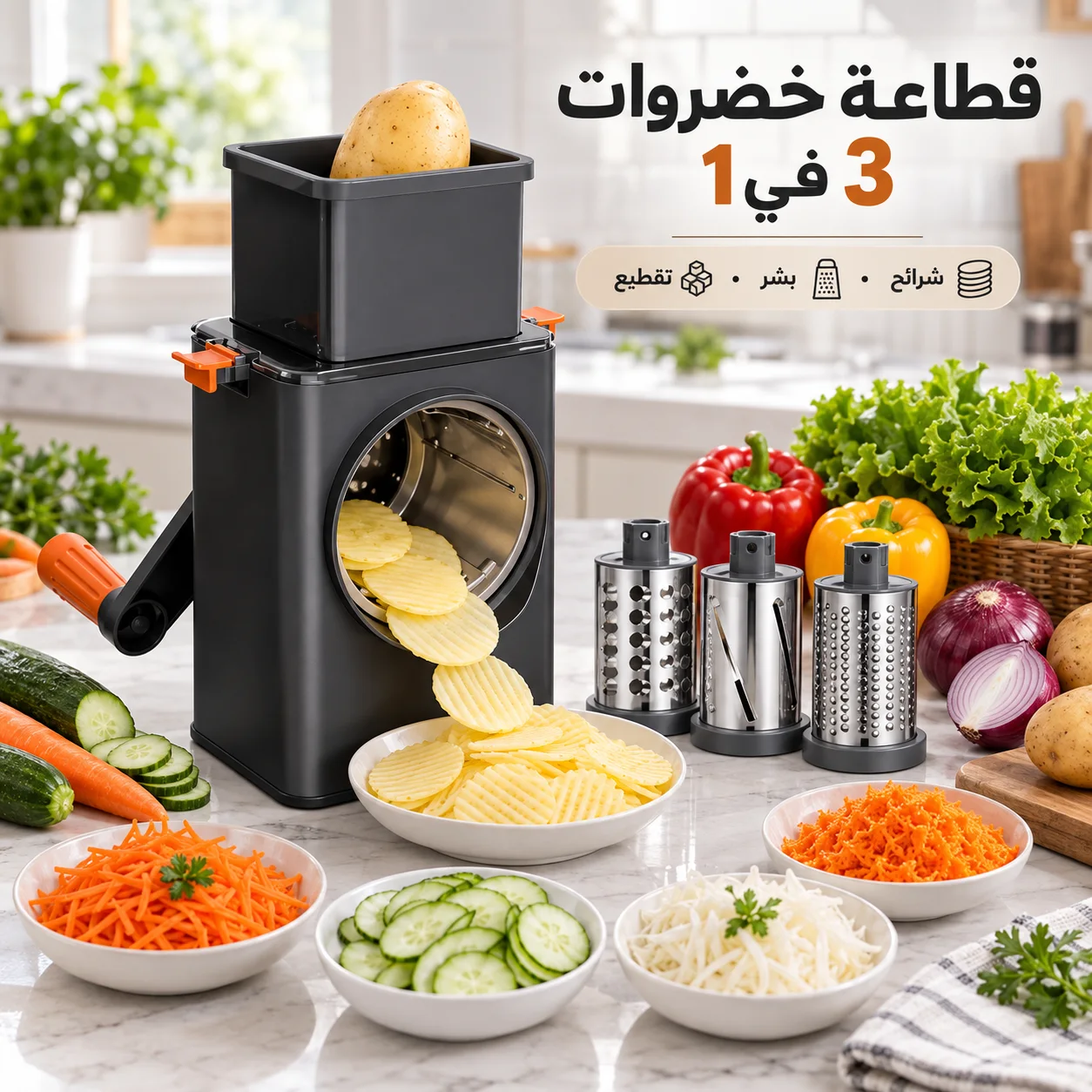 قطاعة الخضروات 3 في 1 – تقطيع سريع وسهل         حضّري الخضر فثواني وبلا تعب التقطيع بالسكين
