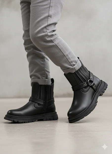 ✨ بوت بناتي مستورد من إسبانيا أسود ستايل بيكر مبطن ومريح