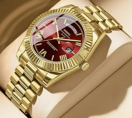 نيبوسي ساعات انالوج كوارتز ستانلس ستيل للرجال مقاومة للماء بتصميم كلاسيكي لليوم والتاريخ، بمينا ذهب