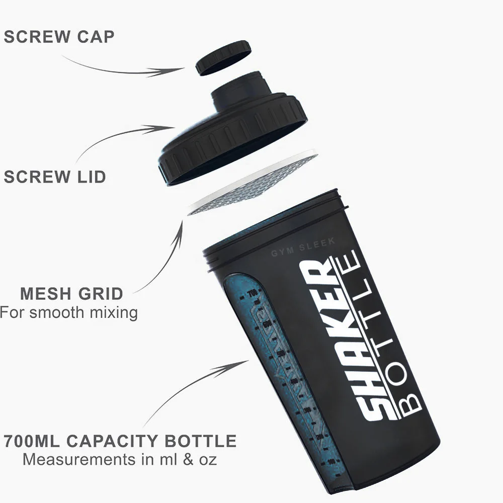 Shaker de Sport 700 ml Sans BPA avec Filtre – Bouteille Mélangeuse Antifuite et Résistante | Gym Sleek