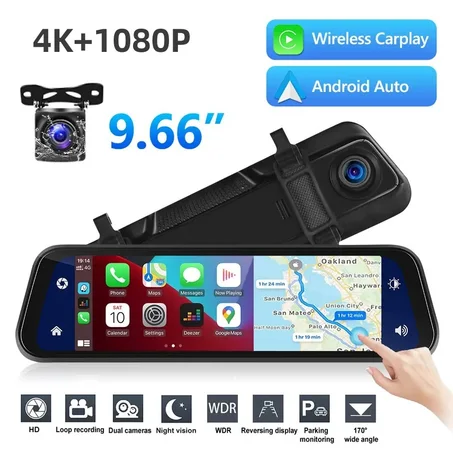 DASH CAM 9.66 ''écran tactile Streaming Media voiture miroir DVR avant arrière Dash Cam sans fil Carplay Android Auto