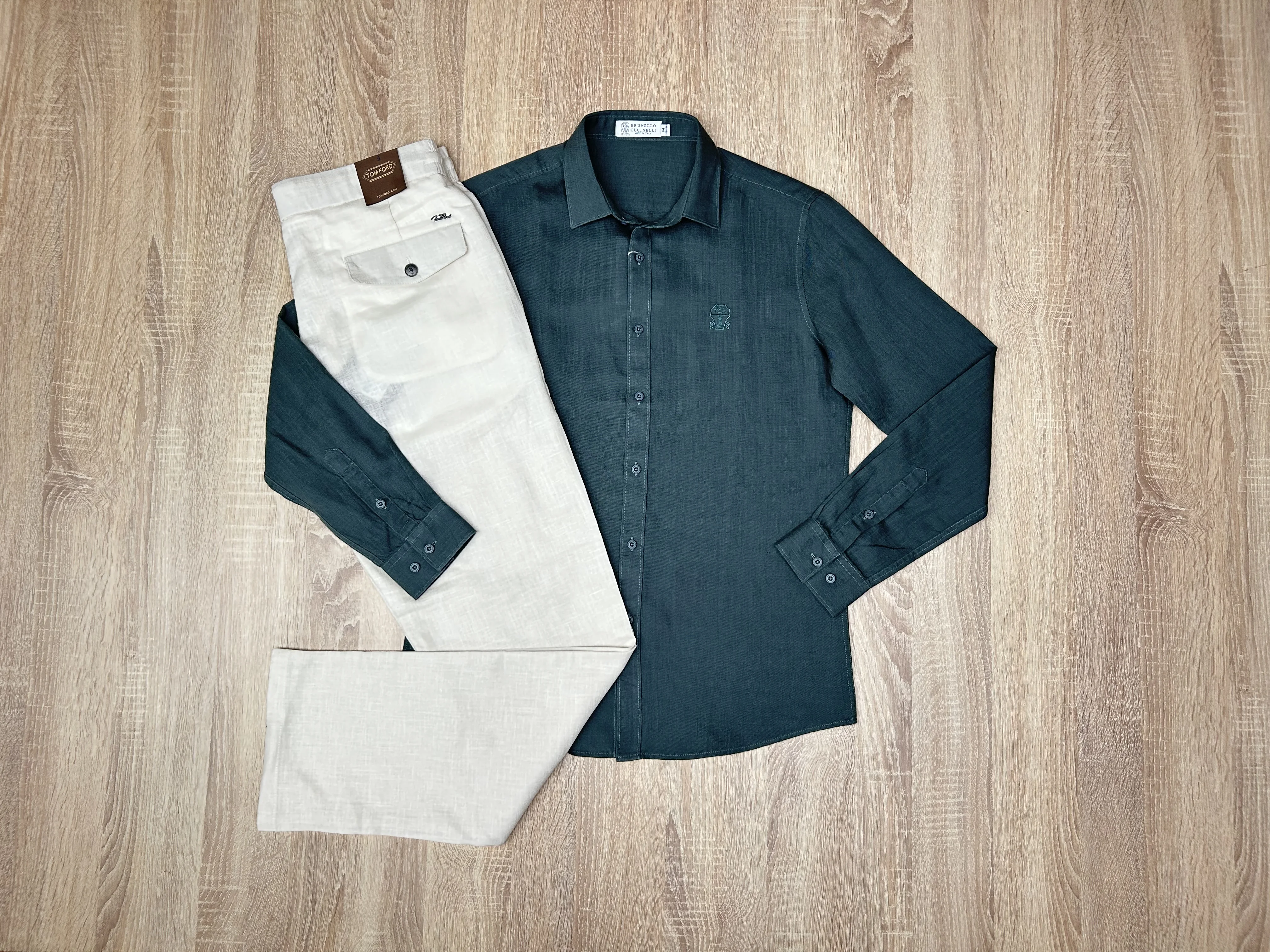 ENSEMBLE LIN VERT CANARE -BLANC CASSE