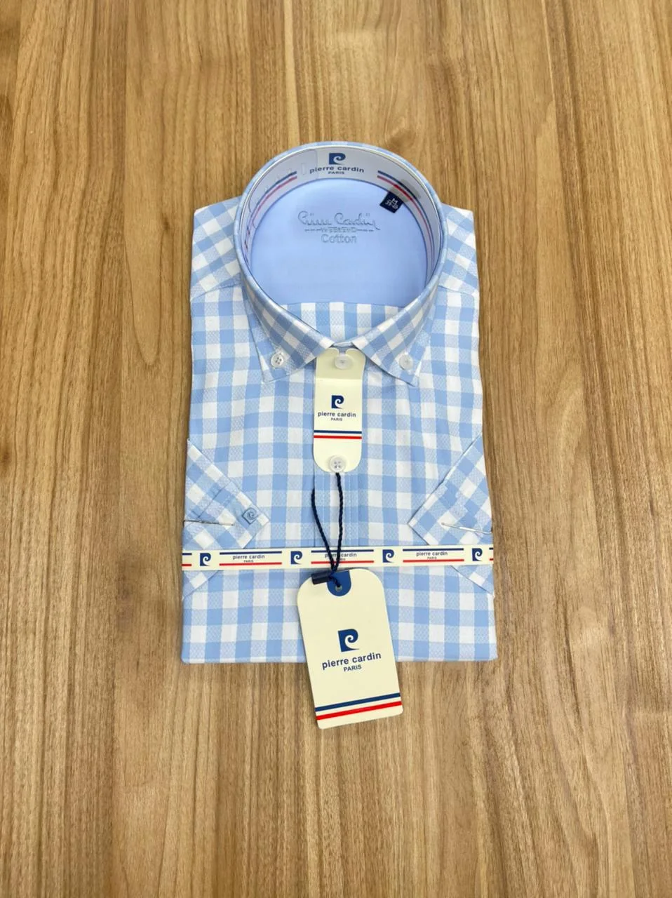 Chemise Demi Manche Pierre Cardin Carreaux Bleu Ciel