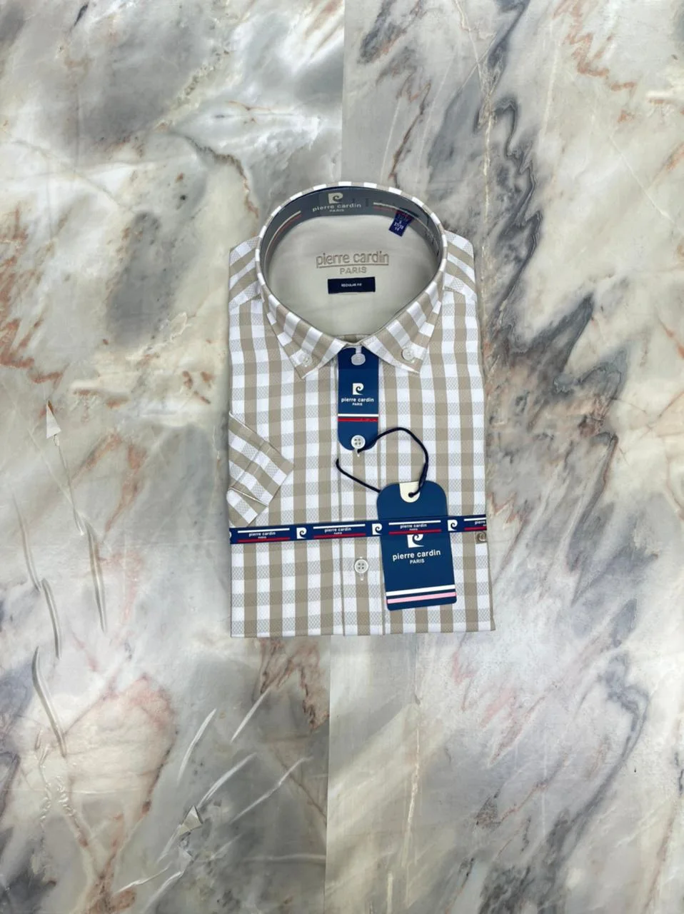 Chemise Demi Manche Pierre Cardin Carreaux Beige