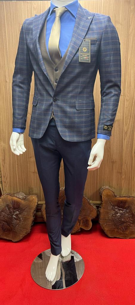 COSTUME 3 PIECES UNE SEULE BOUTON CARREAUX BLEU