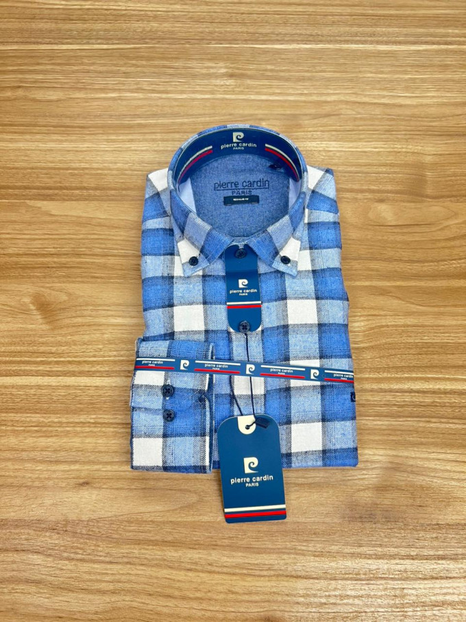 Chemise Pierre Cardin Grande Carreaux Bleu Ciel