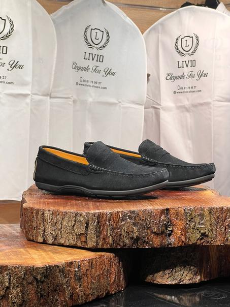 Mocassin daim noir intérieur cuir