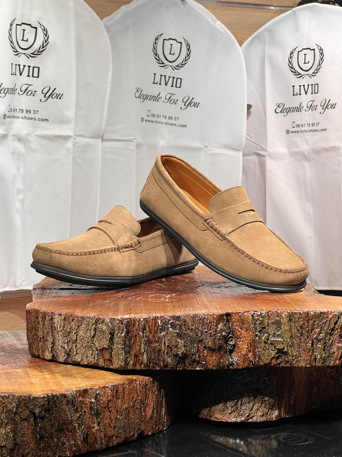 Mocassin daim kaki intérieur cuir