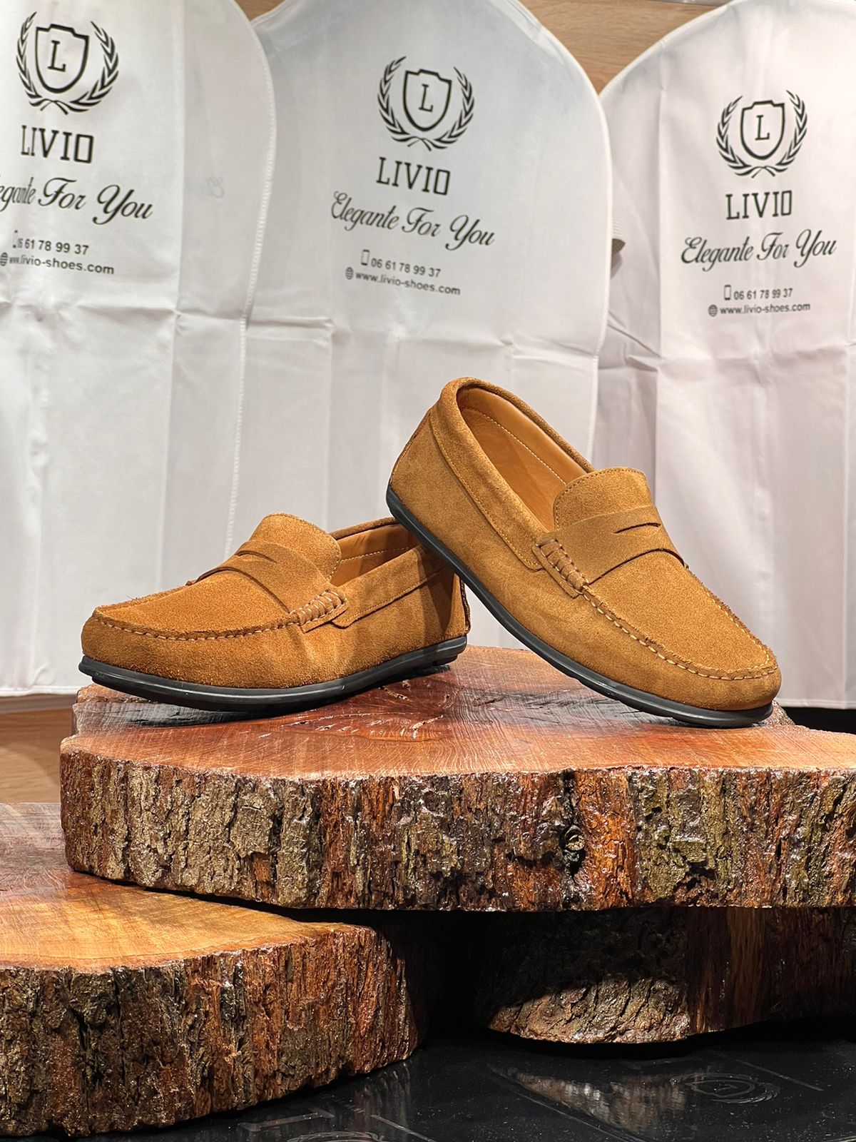 Mocassin daim tabac intérieur cuir