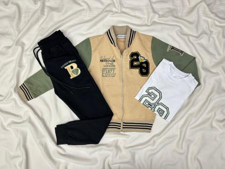 ENSEMBLE  ENFANT 3 PIECES TOUCH HEART BEIGE-VERT MILITAIRE