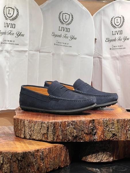 Mocassin daim bleu marine intérieur cuir