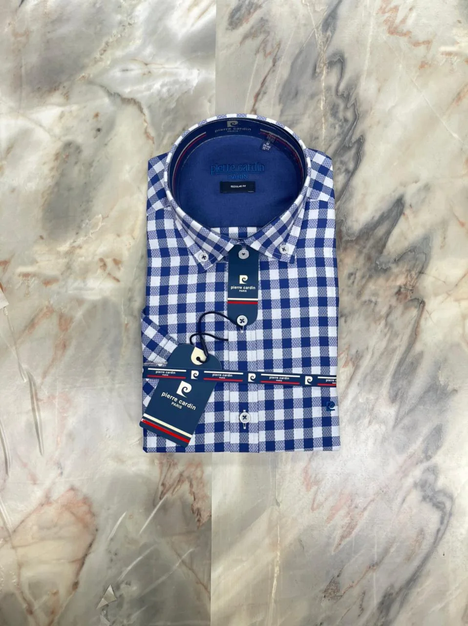 Chemise Demi Manche Pierre Cardin Carreaux Bleu Marine