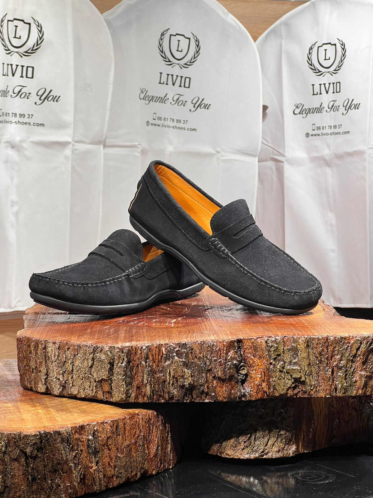 Mocassin daim noir intérieur cuir