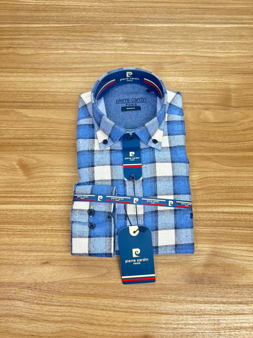 Chemise Pierre Cardin Grande Carreaux Bleu Ciel