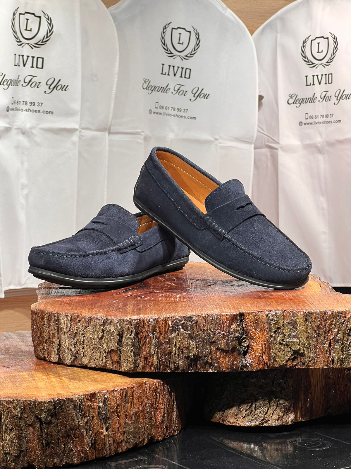 Mocassin daim bleu marine intérieur cuir