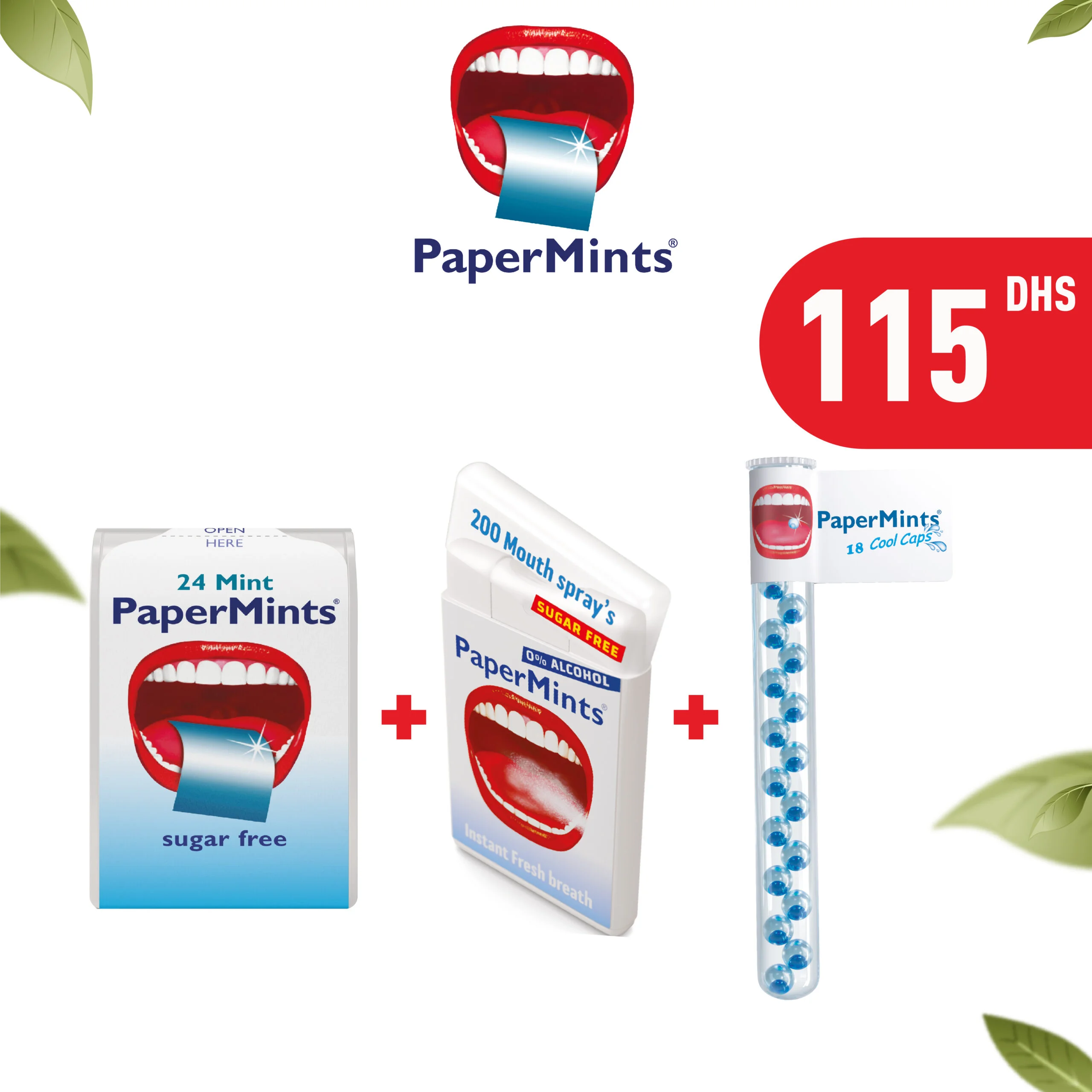 PAPERMINTS Pack (1 Cool Caps Menthe 18 u+Boîte de Feuilles de Menthe + 1 spray buccal )