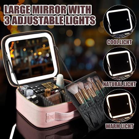 شنطة مكياج مع مراة باضاءة, من اويداس للسفر لتنظيم مستحضرات التجميل واضواء مضيئة ولوح فرش بينقسم قابل للتعديل