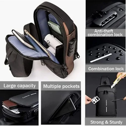 Anti-Theft Crossbody Sling Backpack, Multi-pocket Casual Chest Bag, Handbag & Shoulder Bag With USB Charging Port & Password Lock, Waterproof Travel Bag for Men And Women.