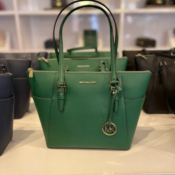Michael Kors Charlotte Large Saffiano Leather Top-Zip Tote Bag - Olive