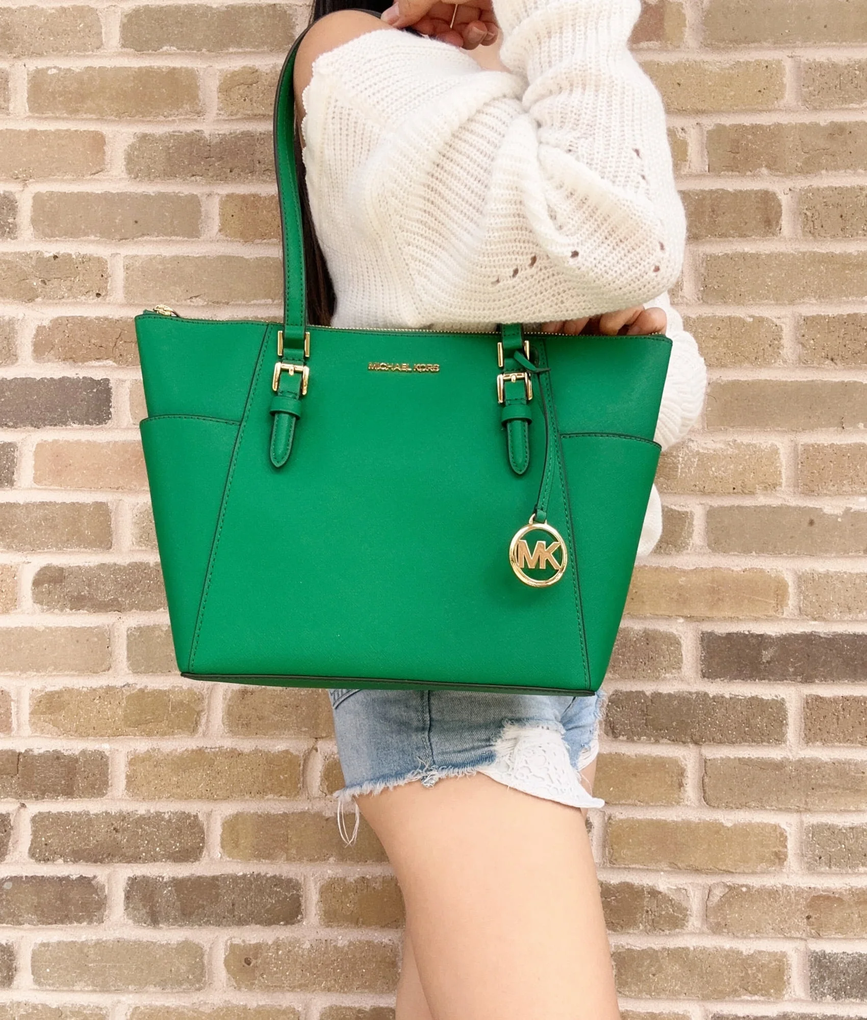 Michael Kors Charlotte Large Saffiano Leather Top-Zip Tote Bag - Olive