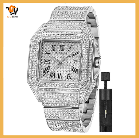 Montre en cristal pour hommes, style Hip Hop, scintillante, glacée, boîtier rectangulaire, en acier inoxydable, Quartz analogique, Bracelet       (4,8/5)⭐⭐⭐⭐⭐