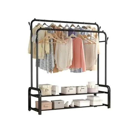 Portant à Vêtements Double Barre en Métal avec 2 Étagères à Chaussures - Robuste & Mobile