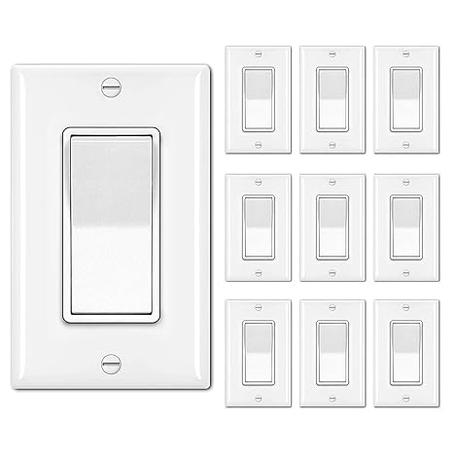 BESTTEN Paquete de 10 interruptores de luz decorativa de un solo polo con placa de pared, 15 A, 120/277 V, interruptor de pared de paleta basculante, interruptor de encendido/apagado para LED