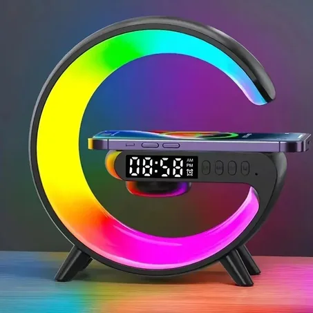 الاصلي G63 آلة الإضاءة والصوت الذكية 4 في 1 – شاحن لاسلكي سريع بمنبه وإضاءة RGB وسبيكر بلوتوث