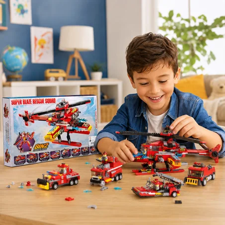 SUPER BLAZE RESCUE SQUAD-Jeu de construction 8 en 2 Pompiers et Hélicoptère de secours