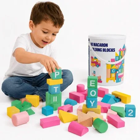 BUILDING BLOCKS-Grand coffret de blocs de construction en bois avec lettres et chiffres