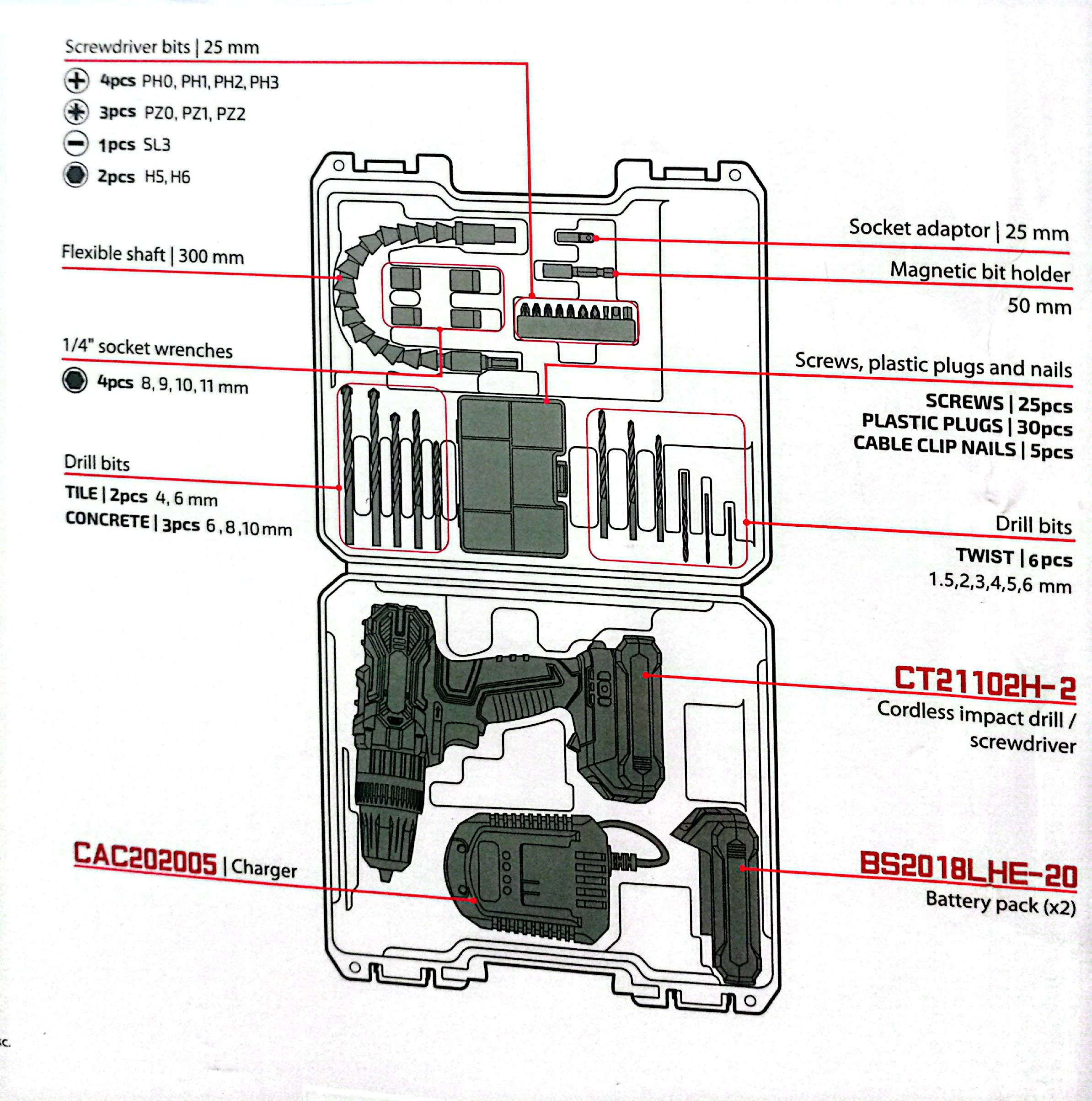 Kit Caisse a outils  29PCS et Visseuse Perceuse à Percussion 20V -2A CT21102H-2-[29]
