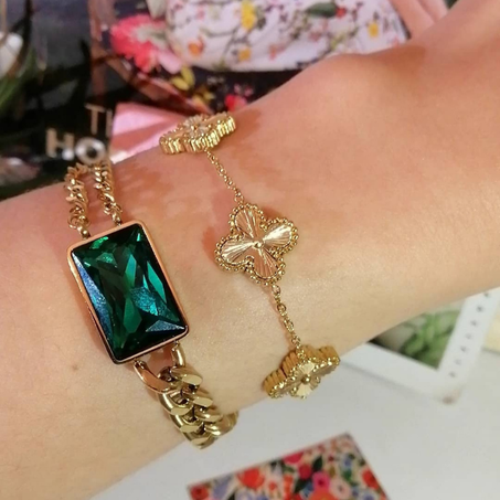 Bracelet avec pierre vert plus et Gourmette Van Cleef, Bracelet En Acier Inoxydable