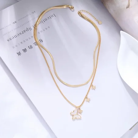 Collier Papillon Double Couche Pendentif, Chaine En Acier Inoxydable