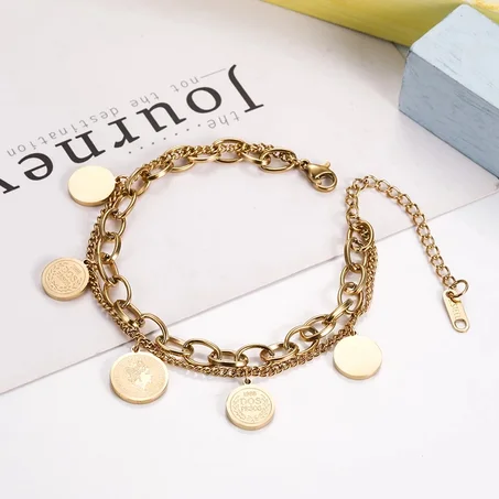 Bracelet Ronde A Double Couche, Style Simple En Acier Inoxydable