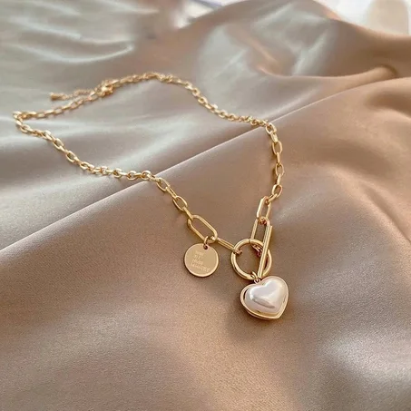 Collier D'amour De Perles Femme ,Chaine En Acier Inoxydable