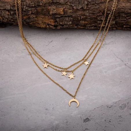 Collier Lune multi rangs, Chaine En Acier Inoxydable, Trois Chaines Trois Pendentifs