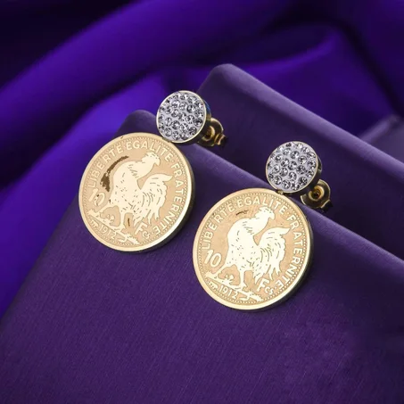 Boucle d'oreille Piece de Monnaie France , Boucle d'oreille Antique