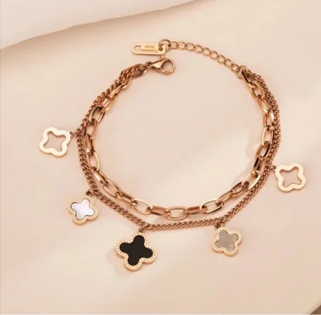 Bracelet Trèfle A Quatre Feuilles En Acier Au Titane, Double Couche