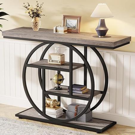 ترايب ساينز طاولة كونسول 105 سم، طاولة اريكة صناعية 4 طبقات مع قاعدة دائرية، طاولات خشبية ضيقة مع ارفف تخزين لغرفة المعيشة والرواق والبهو، رمادي