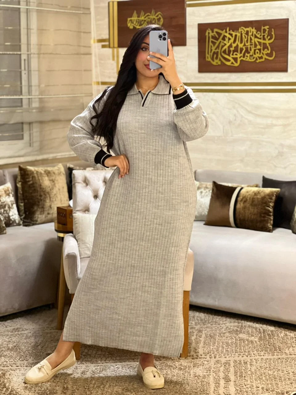 Robe longue en maille côtelée