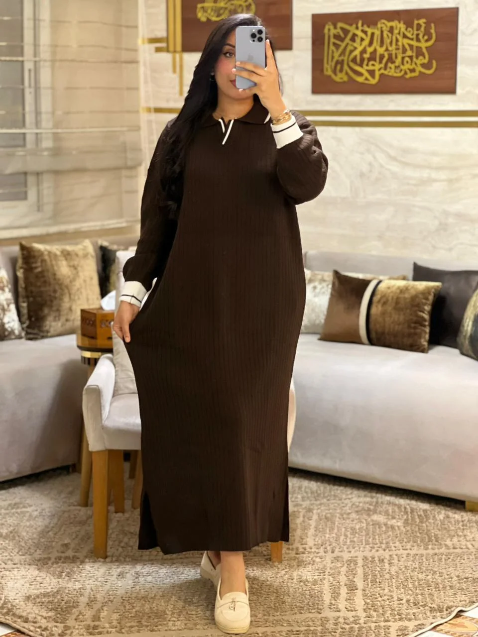 Robe longue en maille côtelée