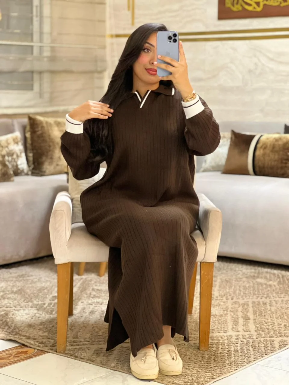 Robe longue en maille côtelée