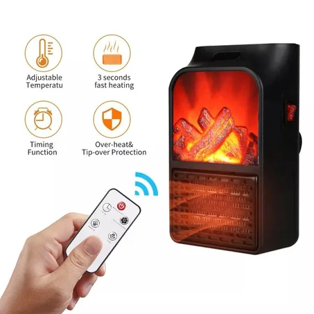 1000W Flame heaterشوفاج كهربائي متنقل يتميز بشاشة عرض رقمية لدرجة الحرارة حيث يمكن ضبط درجة الحرارة المثالية مع ديكور على شكر حطب مشتعل....