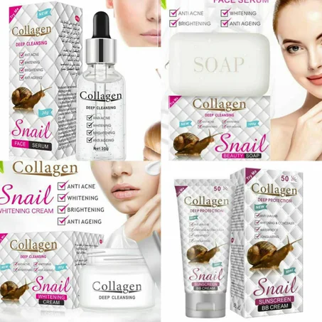 باك الكولاجين يتكون من أربعة منتوجات كريم، صابونة، وسيروم للعناية بالبشرة و إزالة التجاعيد