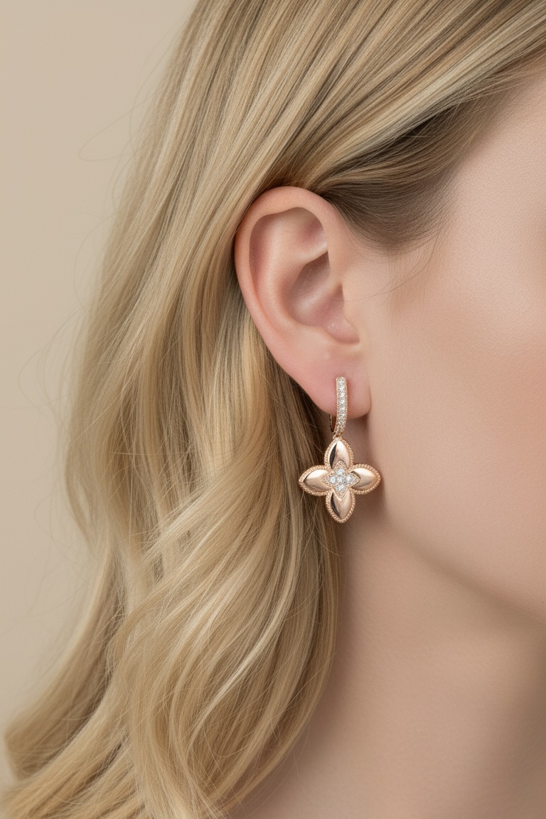 Boucles d’Oreilles Fleur Rose Gold – Acier Inoxydable & Zircon Éclatant